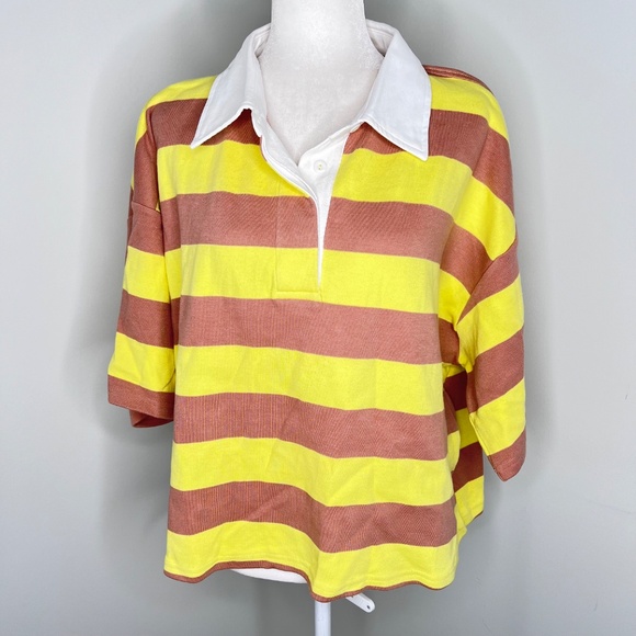 NWT Tuckernuck Wesley Rugby Collared ShirtTan Lemon Striped XXL - Picture 2 of 8